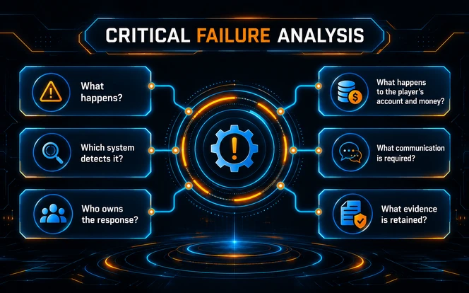Critical failure analysis infographic showing system detection, response ownership, player accounts and money, communication and evidence retention.