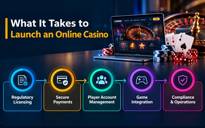 Online casino launch process showing regulatory licensing, secure payments, player account management, game integration, compliance and operations.
